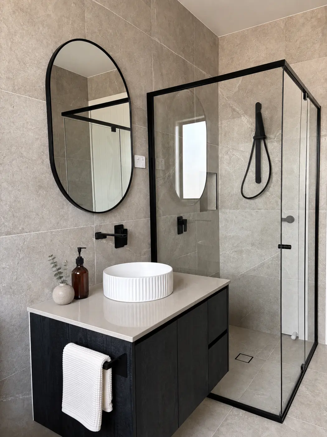 Bathroom vanity and shower in the Narrabundah knockdown rebuild