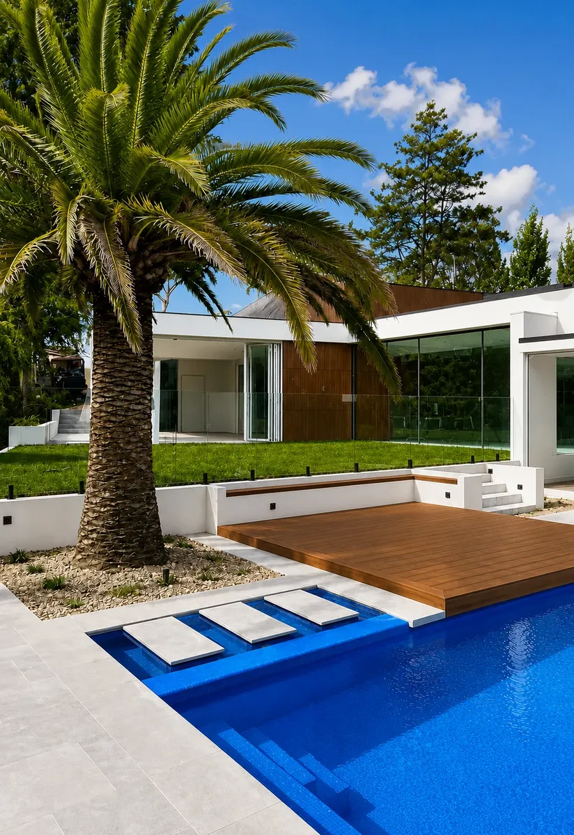 Pool and palm alongside the double storey home at Weston