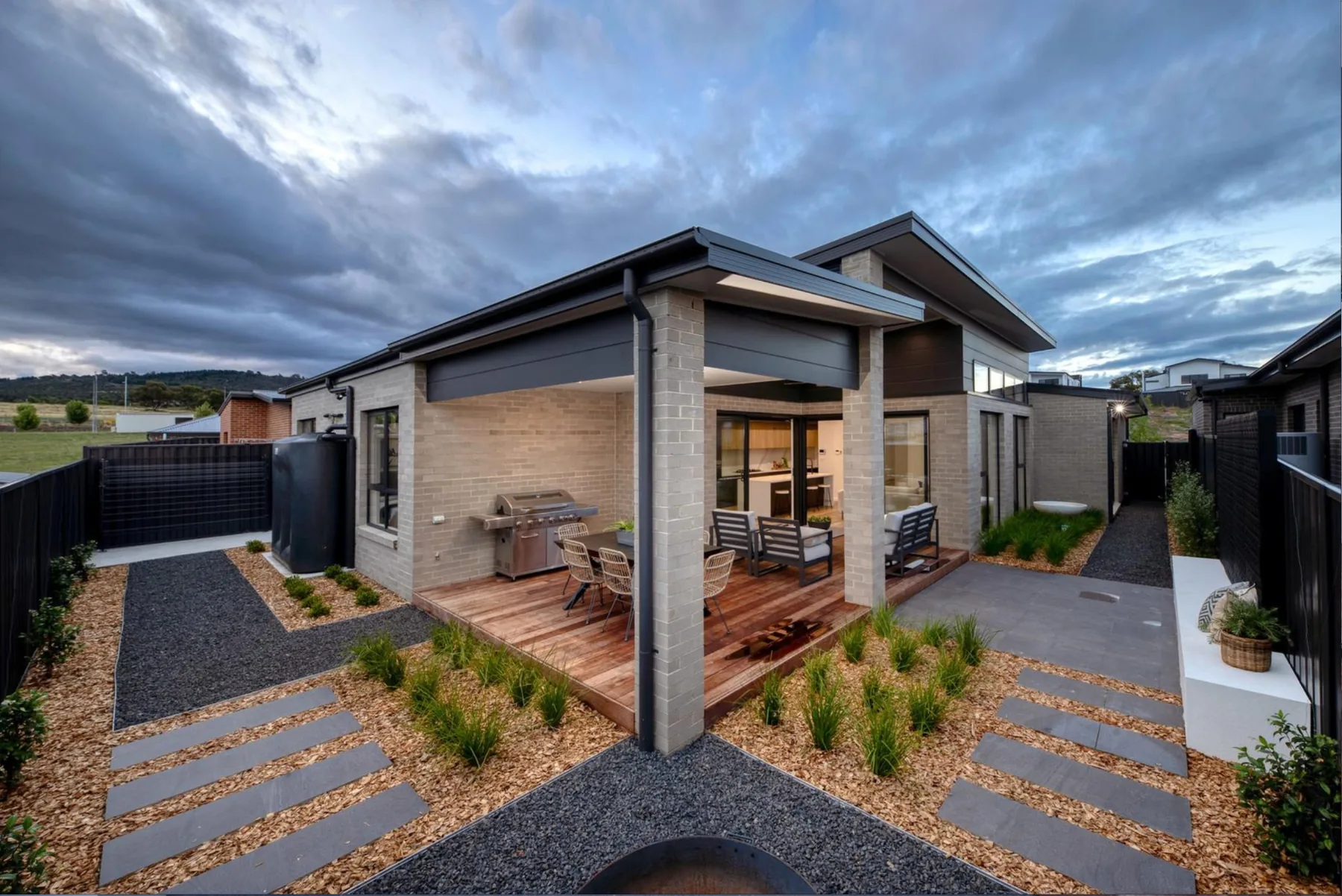 Rear exterior at twilight, contemporary family home in Canberra
